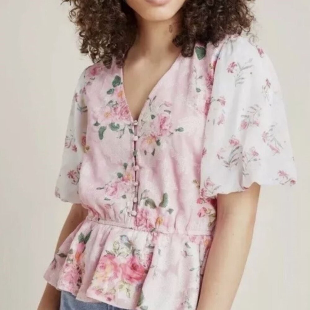 Anthropologie Hemant & Nandita Pink Rose Garden Peplum Floral Blouse Top Medium